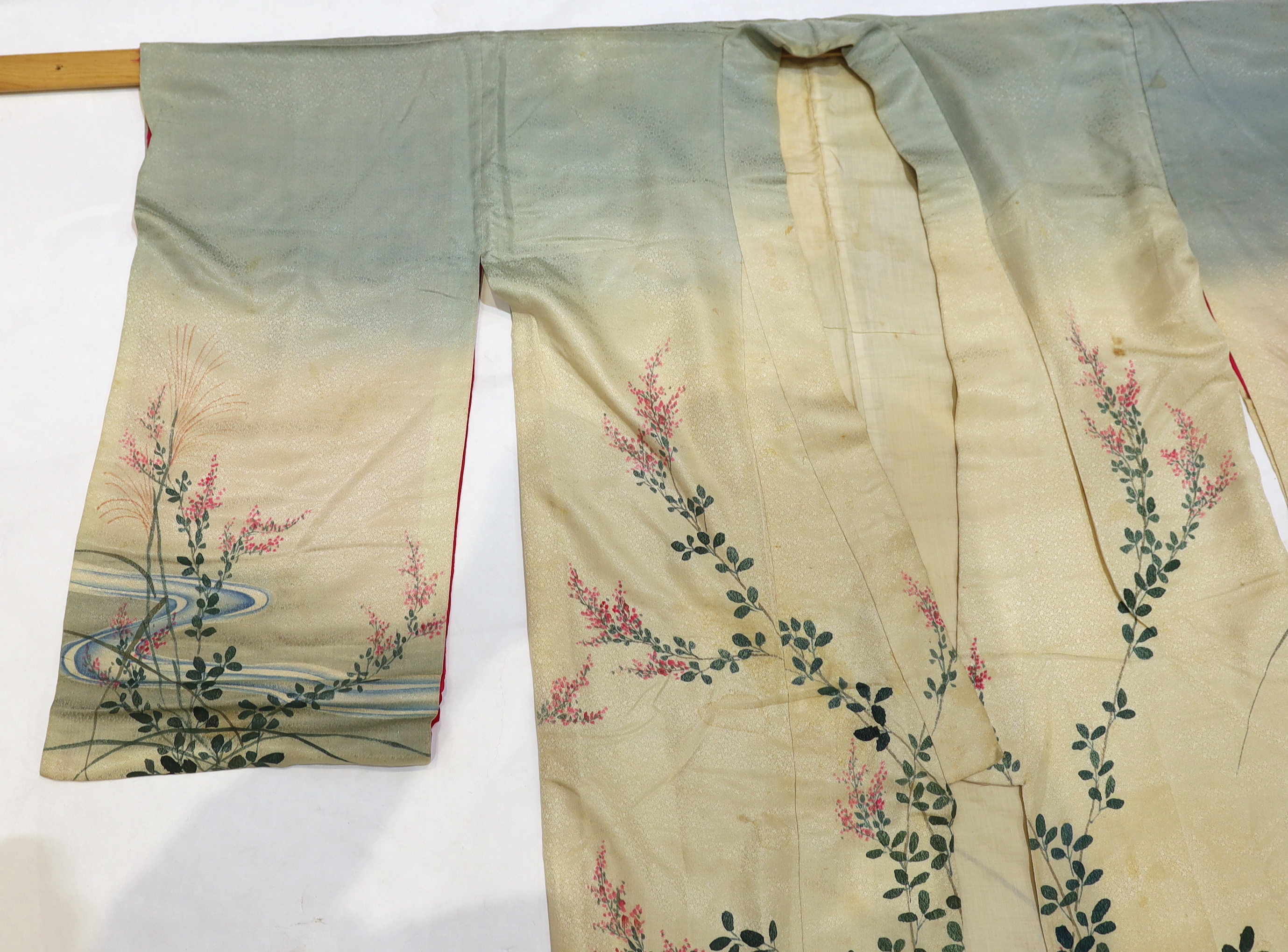 A1920’s Japanese silk ladies kimono, hand painted with blossom, rivers and the moon